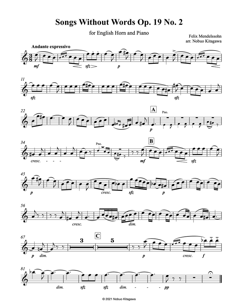 Songs Without Words for English Horn and Piano Op. 19 No. 2　コーラングレとピアノの為の無言歌 作品19の2